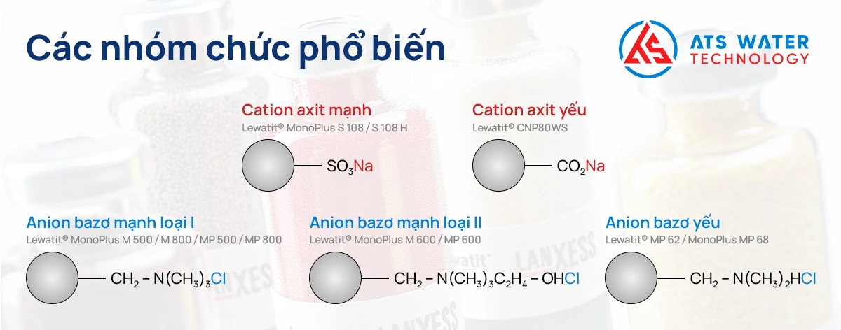 Những nhóm chức phổ biến của các loại hạt nhựa trao đổi ion