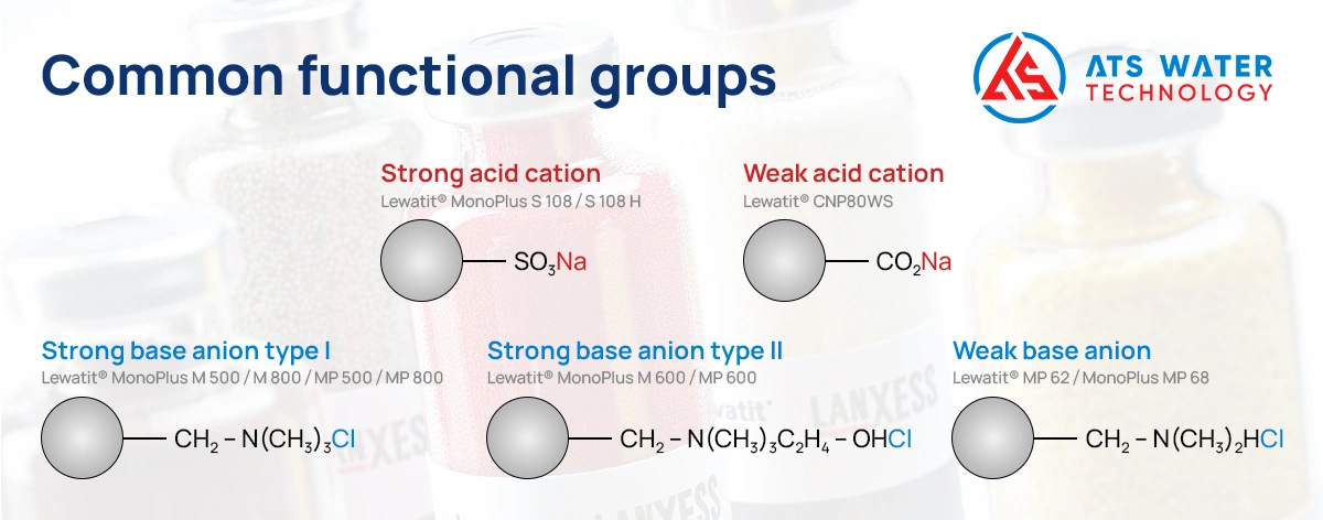 Common functional groups of different ion exchange resins