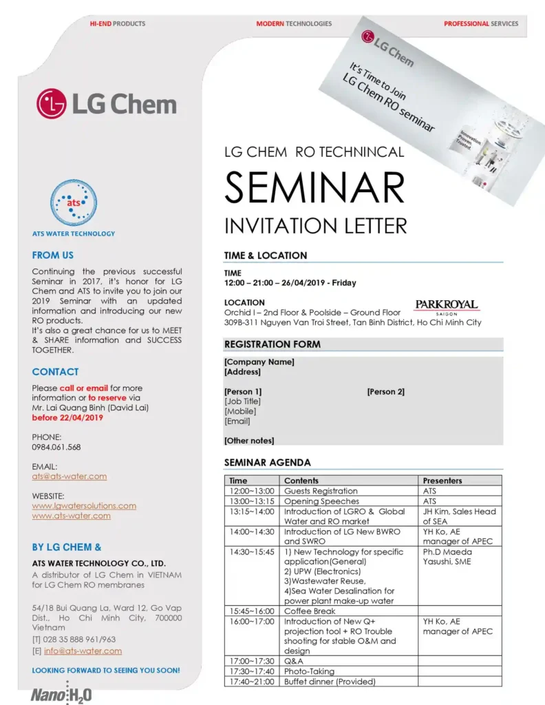 ATS Water Technology phối hợp tổ chức Hội thảo kỹ thuật màng RO cùng LG Chem tại TP. Hồ Chí Minh năm 2019